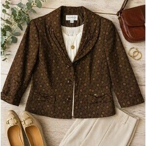 Liz Claiborne Suit Petite Blazer 14P Brown Polka Dot Jacket 3/4 Sleeve Button Fr